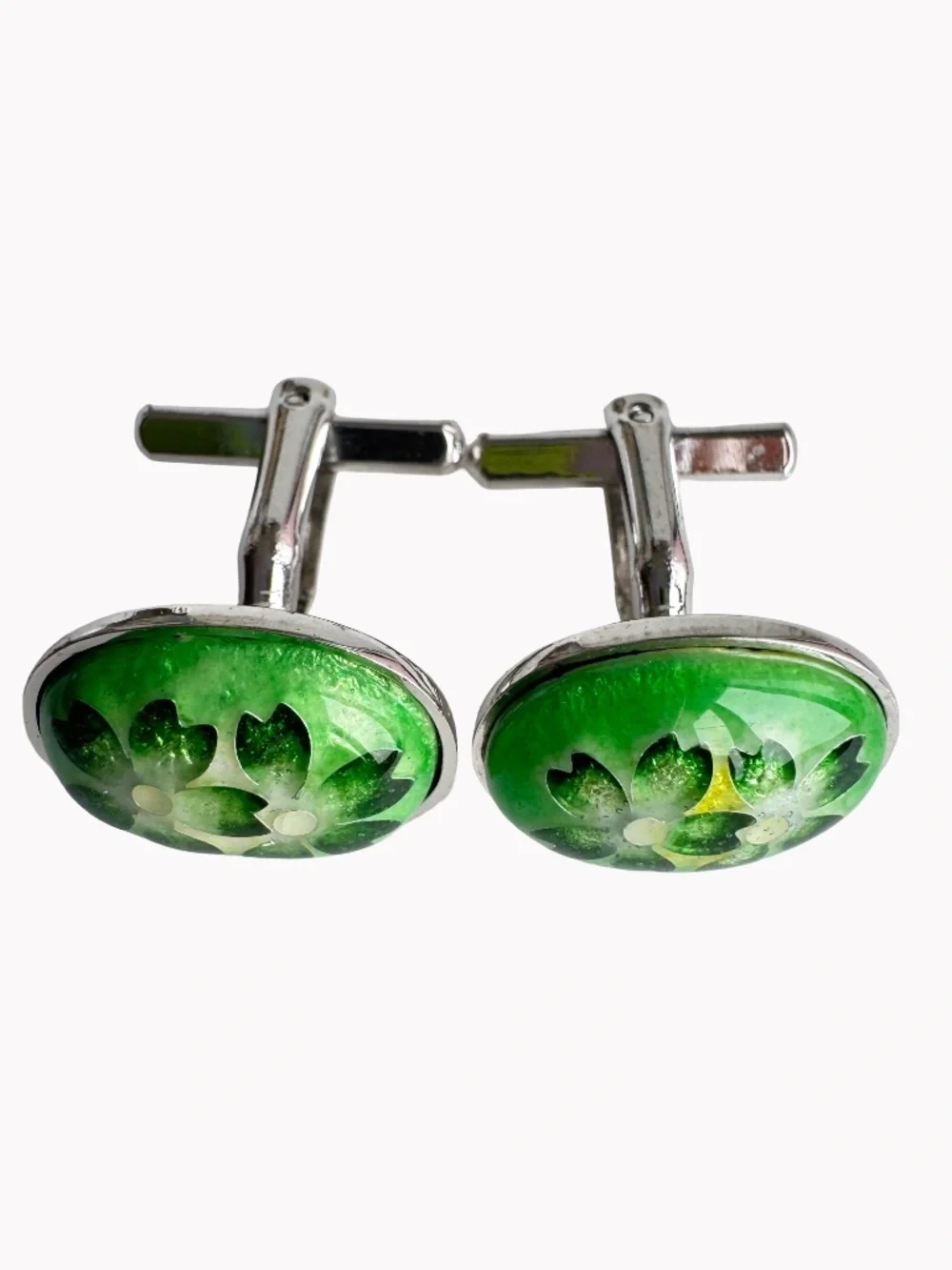 Vintage Cloisonne Enamel Cufflinks Green Floral Oval Silver Tone Mens Accessory